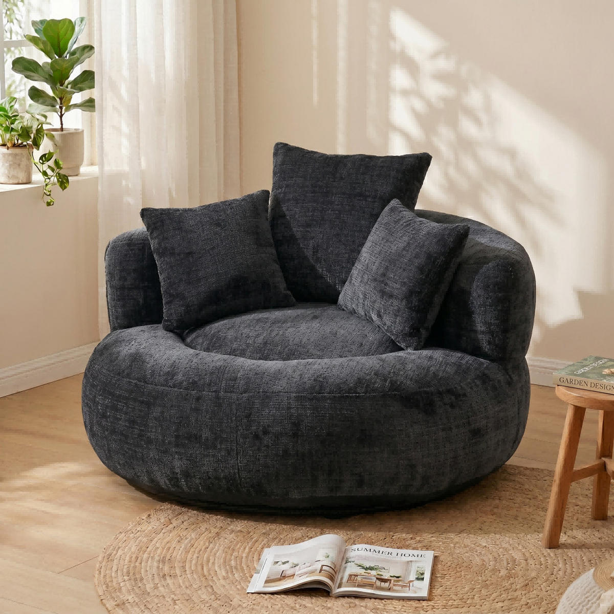 SITZSACK Chenille, Sofa mit 3 extra Kopfkissen,Chenille,Schwarz - Schwarz, Textil (108/52/108cm) - LVHOM