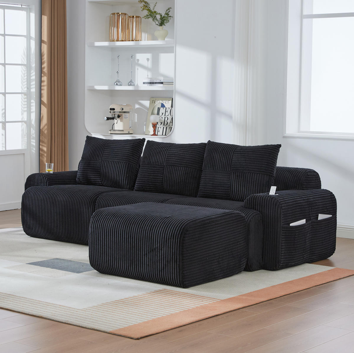 SOFA modular 268 x 174 cm Cord Schwarz mit Cupholder - Schwarz, Kunststoff (174/268cm) - Meubliv