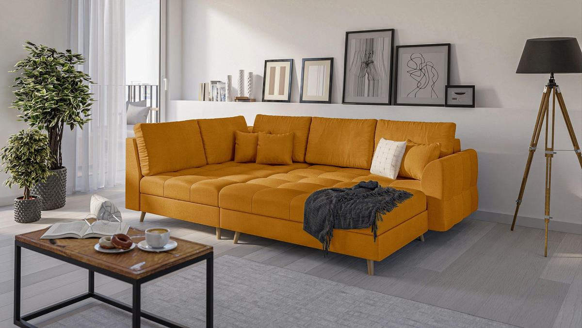ECKSOFA MIT HOCKER Lorine Mikrofaser Gelb - Hellbraun/Gelb, Buchenholz/Textil (231/161cm) - S-Style Möbel