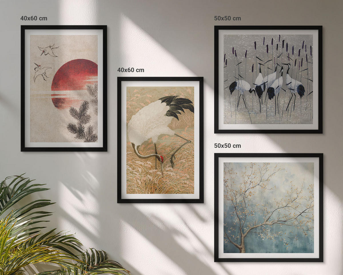 BILDER SET 4er Set - 50x50 cm & 40x60 cm Schwarzer Rahmen - Japanische Kraniche Landschaft - Schwarz, Kunststoff (50/50cm) - TULUP