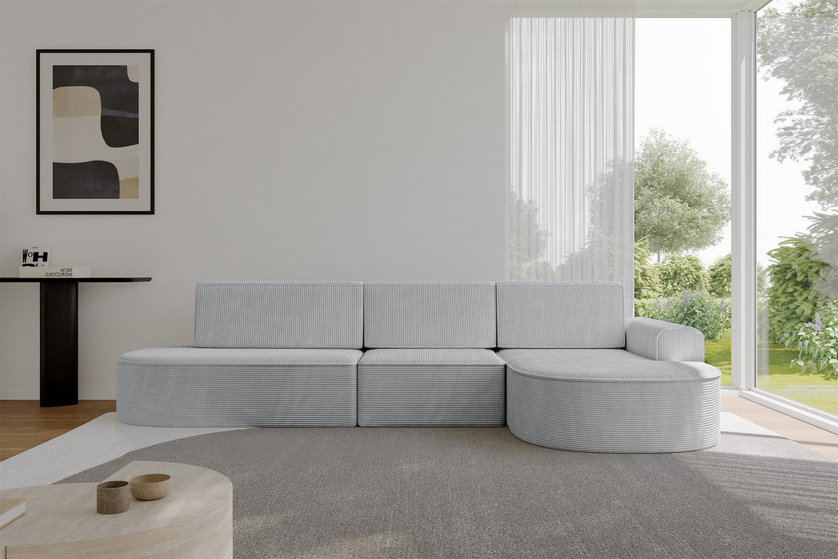 ECKSOFA mit Schlaffunktion Ottomane RECHTS MARI L2-S 368X167X85 Grau Cord - Alufarben/Schwarz, Holzwerkstoff/Kunststoff (167/368cm) - ALTDECOR