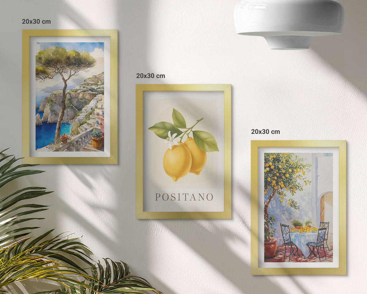 WANDBILDER 3er Set - 20x30 cm Goldrahmen - Ansichten von Positano mit Zitronen - Goldfarben, Kunststoff (20/30cm) - ArtPrintCave