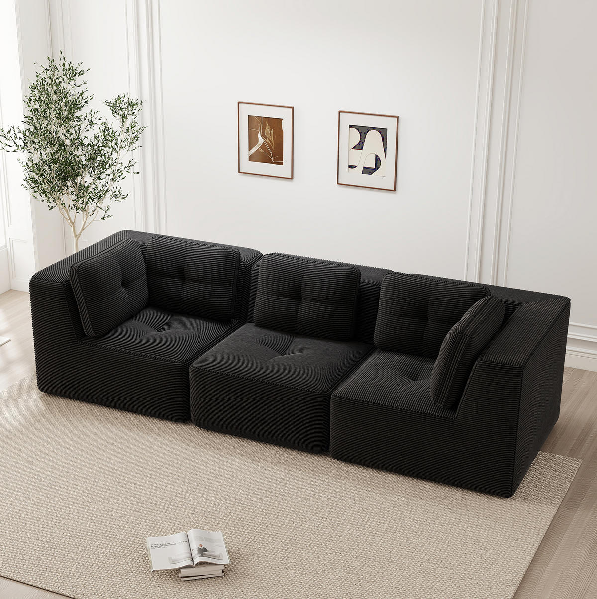 SOFA 297/104/69 cm in Schwarz aus Cord mit modularen Elementen - Schwarz, Textil (104/69/297cm) - Flora Grace