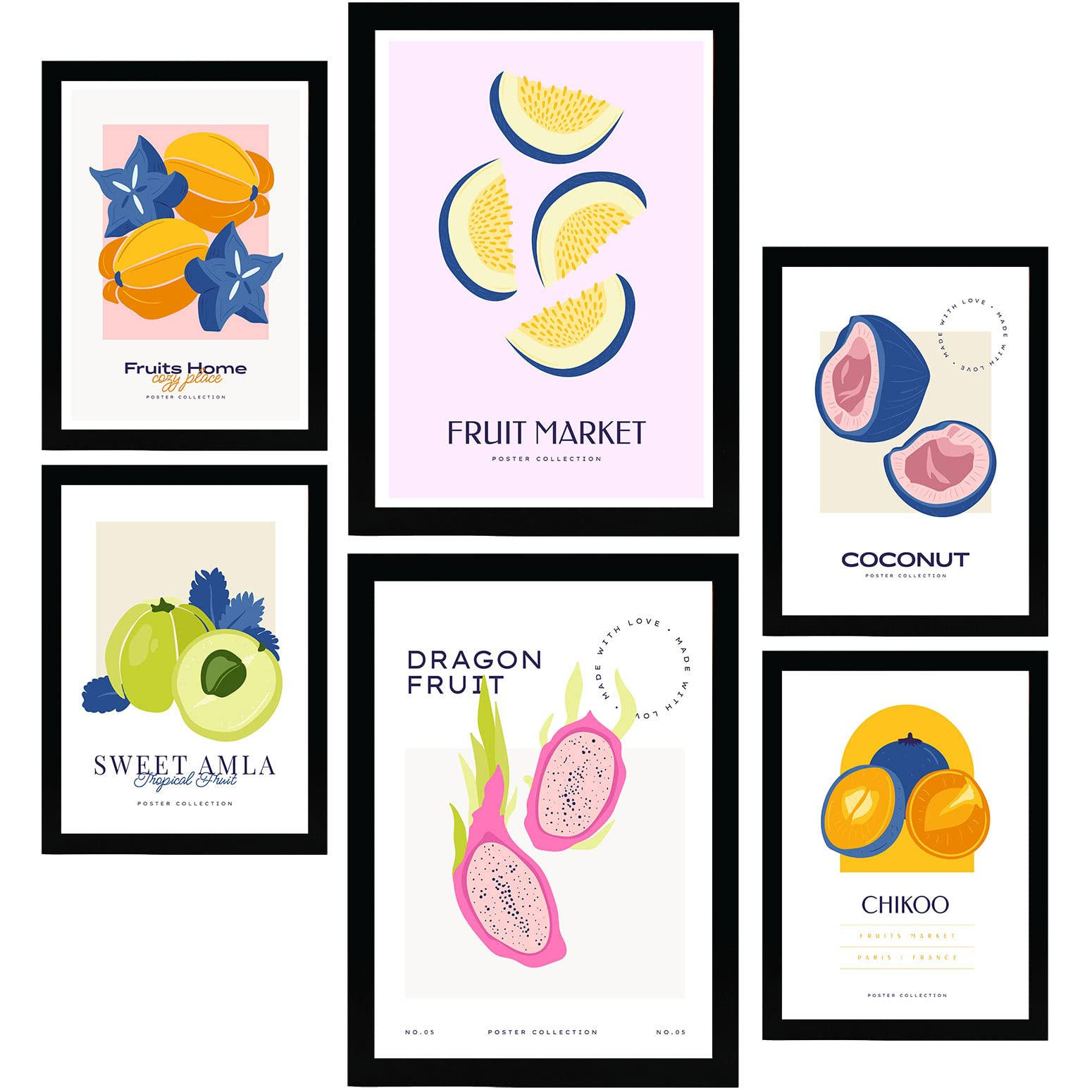 POSTER Set Mit 6 Lebensmittel Und Ernährungs Seltene Früchte Natur Und Ernährungs Für Innenarchitektur A3 & A4 Schwarzer Rahmen - Schwarz, Papier (29/3cm) - Nacnic