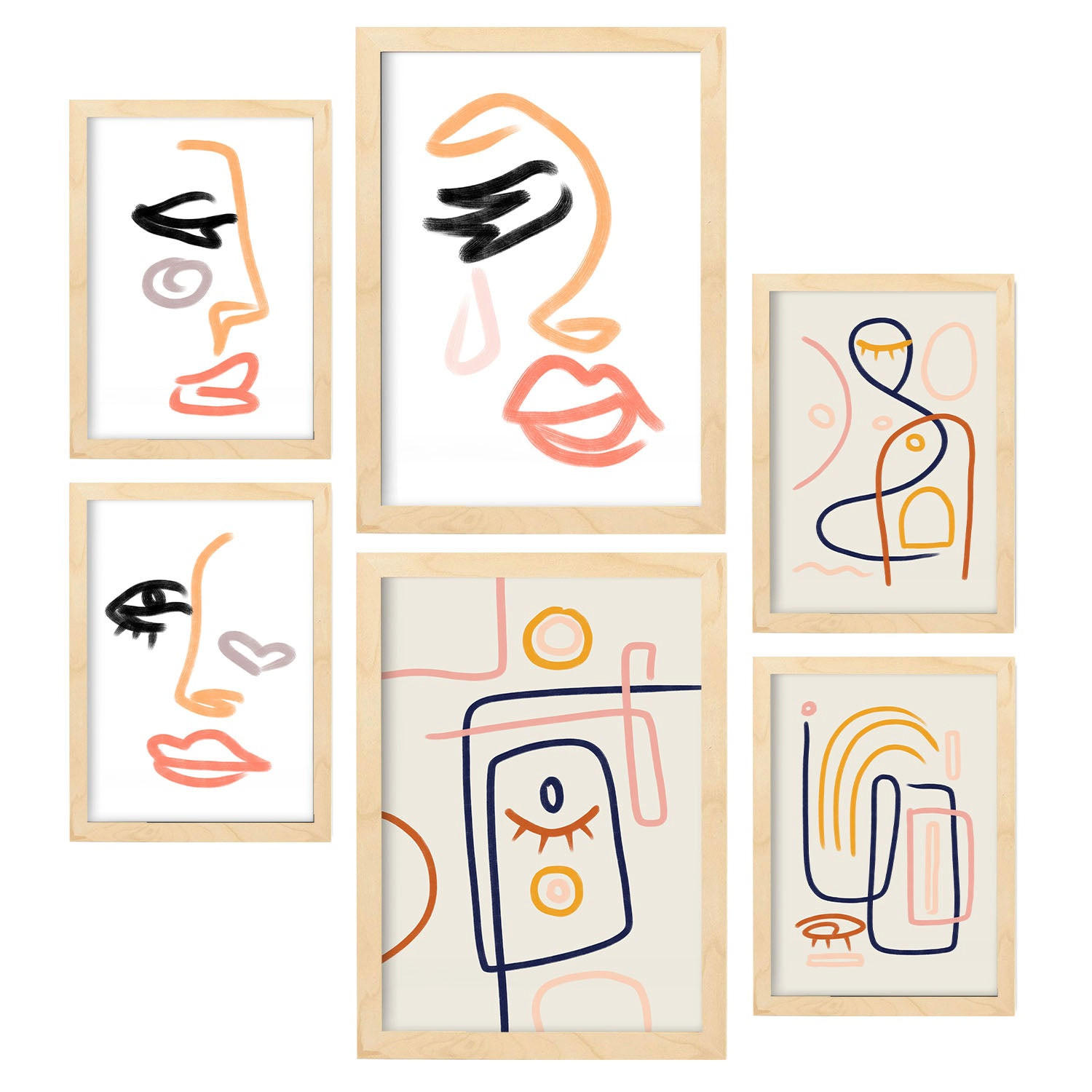 POSTER Set Mit 6 Stille Heuert In Weibliche Zusammenfassung A3 & A4 Rahmen Aus Hellem Holz - Beige, Papier (29/3cm) - Nacnic