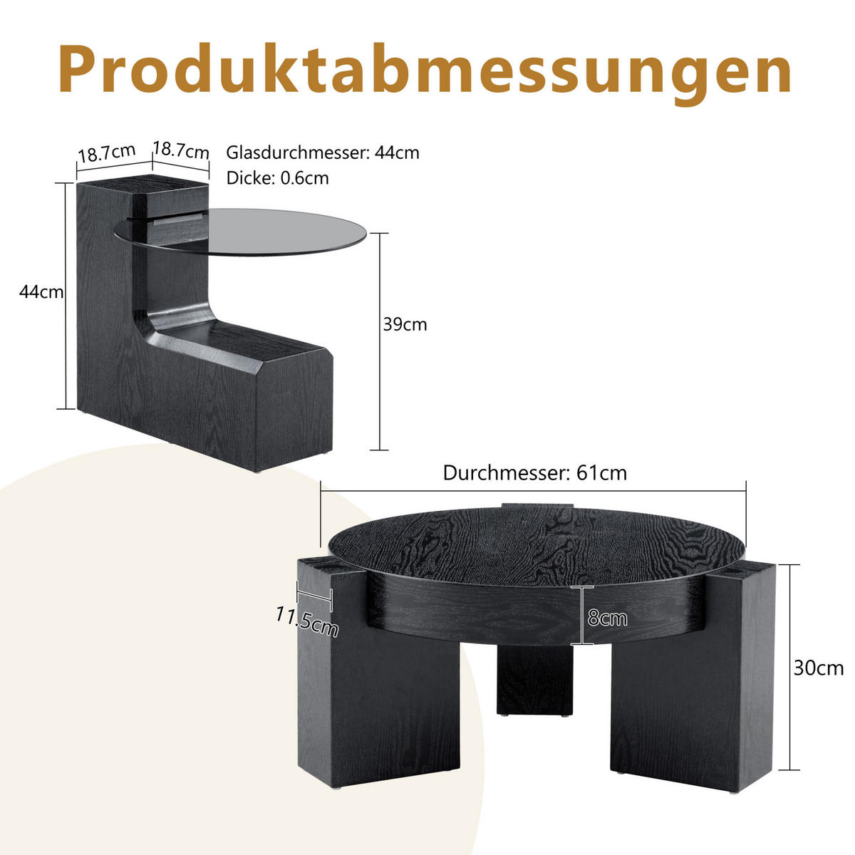 COUCHTISCH-SET aus MDF und Glas 61x61x30 cm Schwarz mit 2 Tischen und Stauraum - Schwarz, Holzwerkstoff (61/61/30cm) - IVMEU