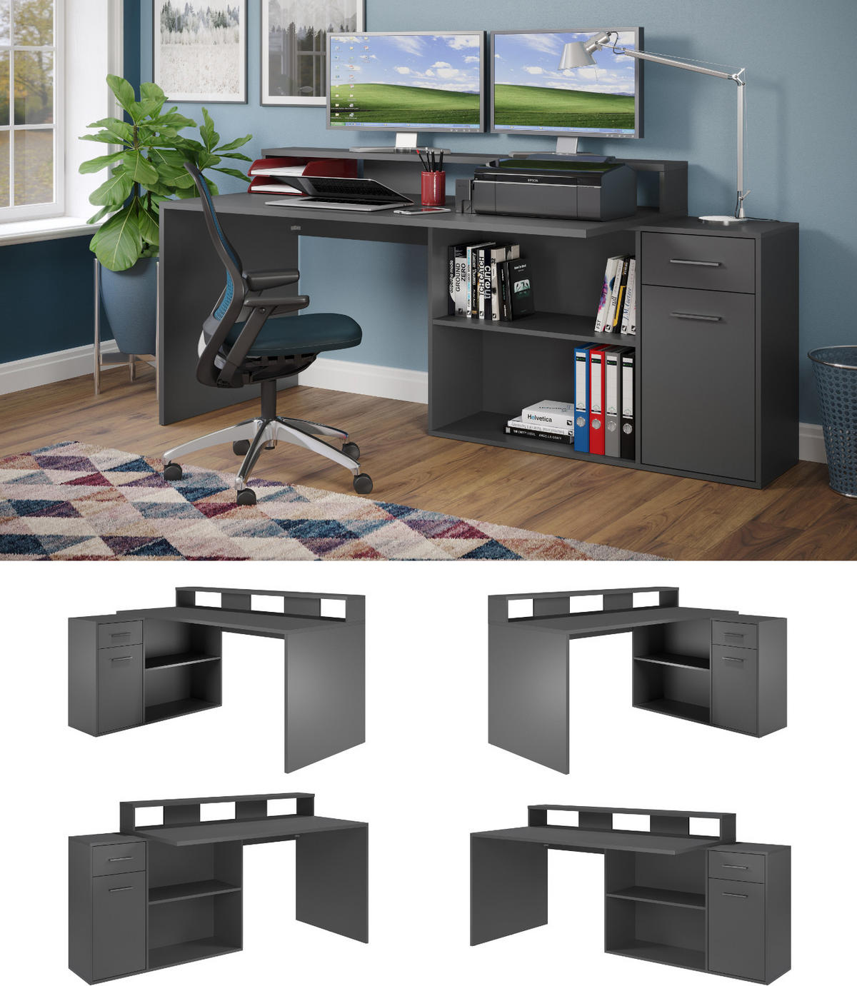 SCHREIBTISCH dunkelgrau / anthrazit 160 - 200 x 92 cm, Eckschreibtisch mit Stauraum - Dunkelgrau/Anthrazit, Holzwerkstoff/Kunststoff (115/160/92cm) - Top.Furn