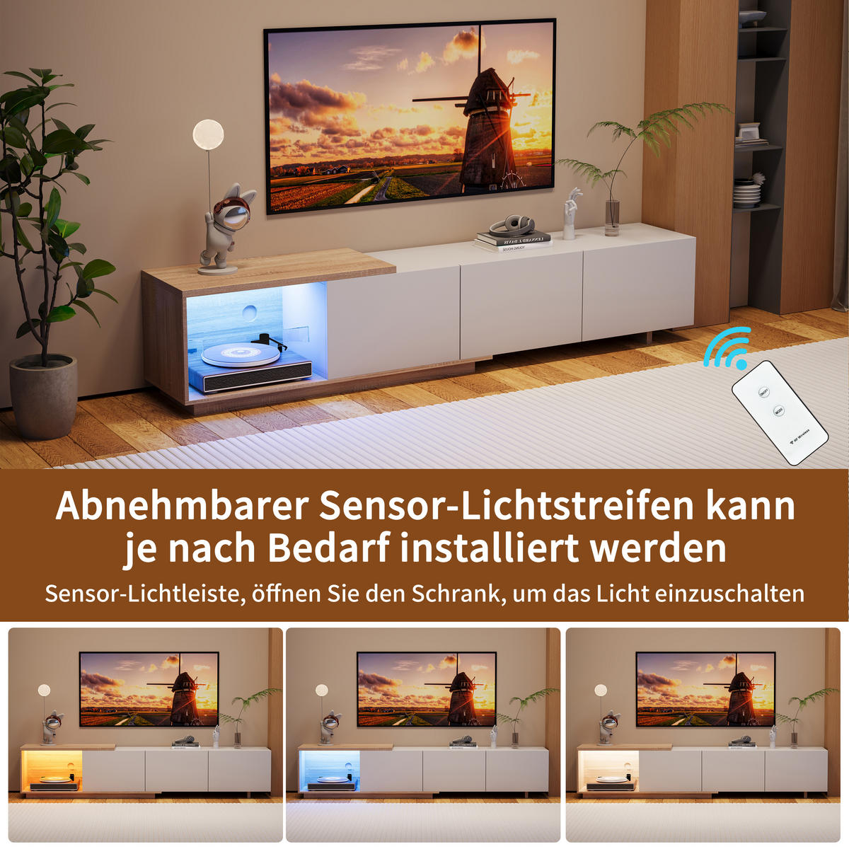 TV-SCHRANK 180 cm, weiß, LED tricolor Sensor, Feder-Schubladen, Holz braun/weiß, modern - Weiß, Holz (240/44/38cm) - EuroLiving