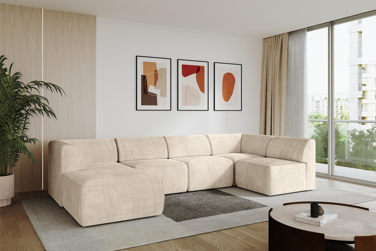 WOHNLANDSCHAFT Ottomane Links MOVA 345x180x78 Beige Cord - Kaschmir/Beige, Holzwerkstoff/Kunststoff (180/78/345cm) - ALTDECOR