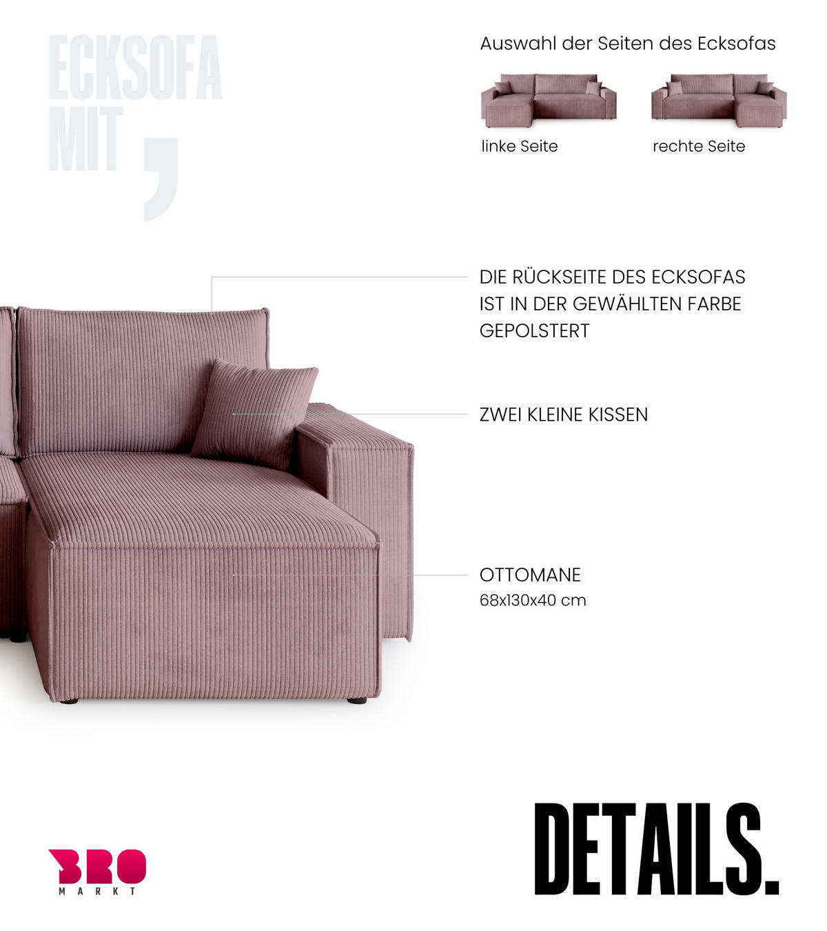 ECKSOFA ADI mit Schlaffunktion Puderrosa Cord - Rosa, Textil (244/143cm) - Bromarkt