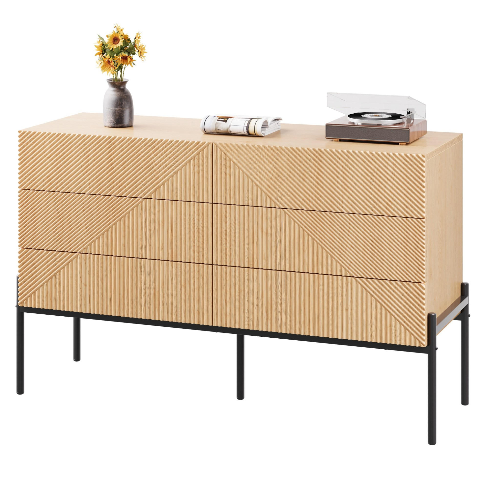 Redom KOMODA 115,5/38/75 cm se 6 zásuvkami, 3D dekorem a kovovou podnoží z MDF, Přírodní