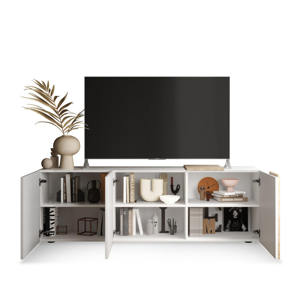 TV-MÖBEL 3 Schwingtüren Pluton - L181 cm - Weiß, Holzwerkstoff (44/57/181cm) - Calicosy