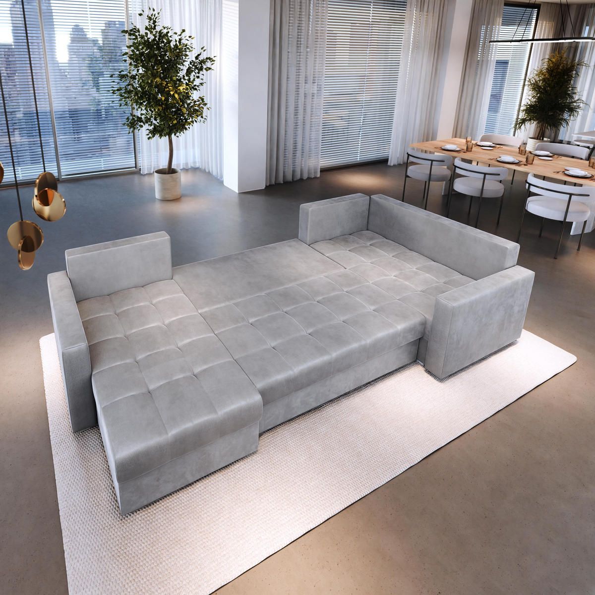 WOHNLANDSCHAFT LORIVO R-S Grau Plüsch-Stoff mit Schlaffunktion - Grau, Holz (285/85/150cm) - MASSENO