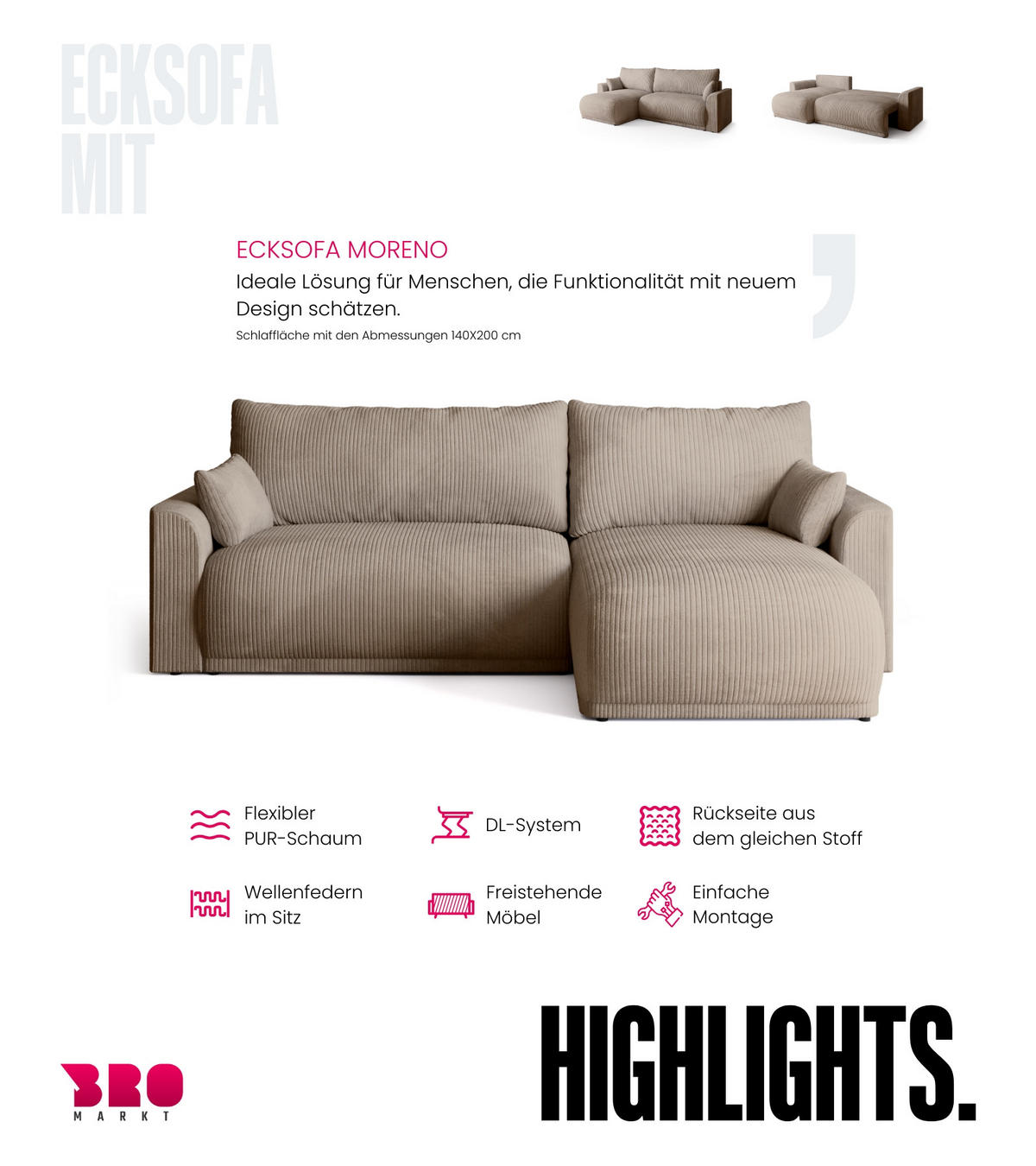 ECKSOFA MORENO mit Schlaffunktion Beige Cord - Beige, Textil (262/160cm) - Bromarkt