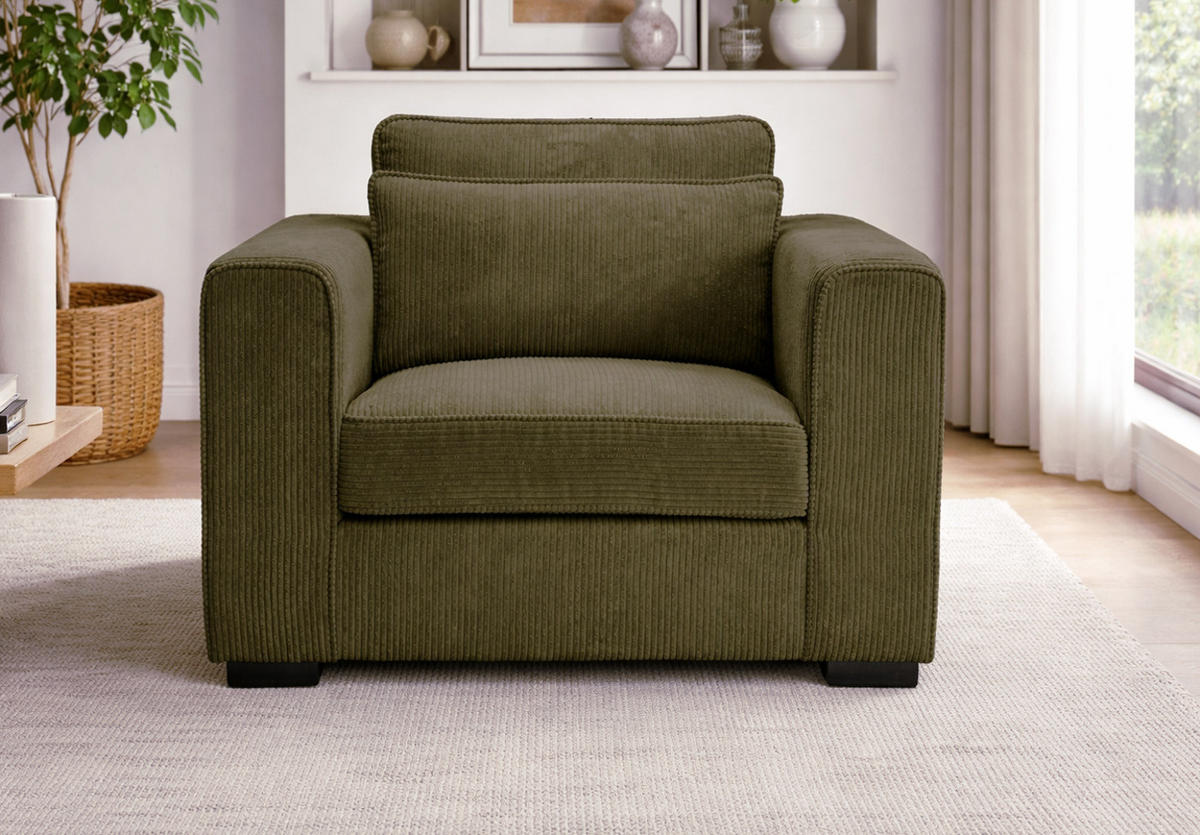SESSEL khaki Cord, Loungesessel 120 cm, Wohnzimmersessel mit Wellenfederung - Dunkelgrün/Schwarz, Holzwerkstoff/Kunststoff (120/92/112cm) - Inn.Furn
