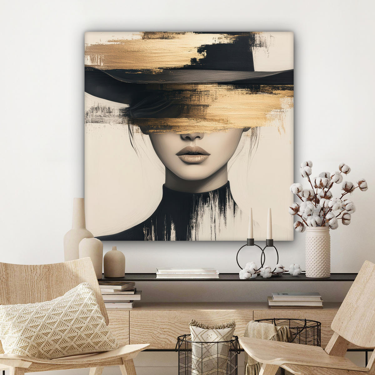 LEINWANDBILD Frau - Hut - Farbe Deko Groß 90x90 cm - Goldfarben, Textil (90/90cm) - MuchoWow