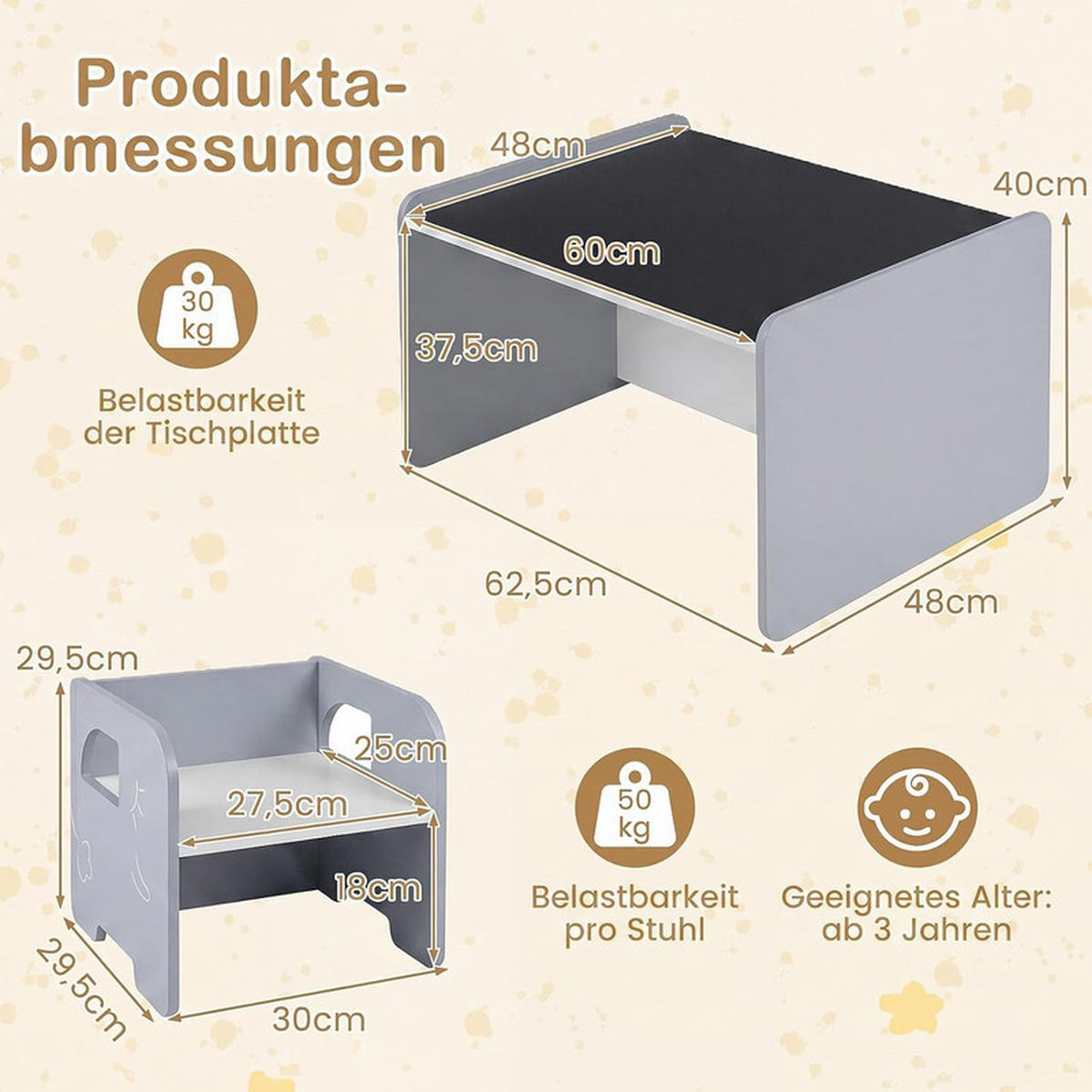 KINDERTISCH mit Stuhl grau(3-tlg) - Grau, Holzwerkstoff (62.5/40/48cm) - COSTWAY