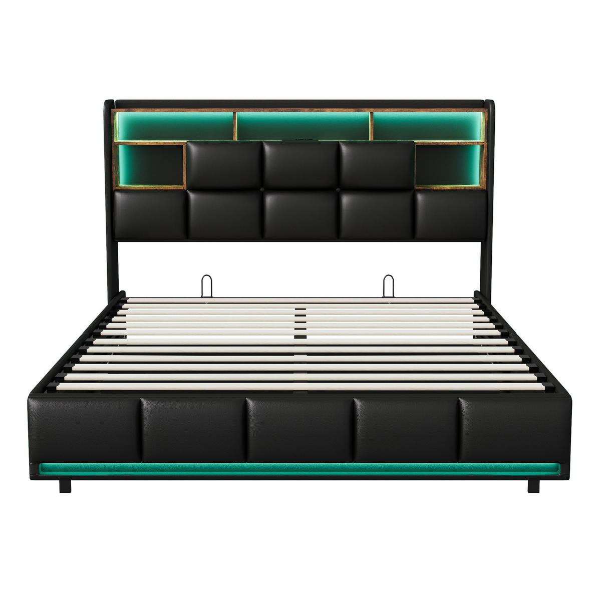 POLSTERBETT 140x200, Doppelbett mit Bettkasten, LED und USB, hydraulischer Stauraum, PU Schwarz - Schwarz, Leder/Holz (140/200cm) - GENKI LIVING