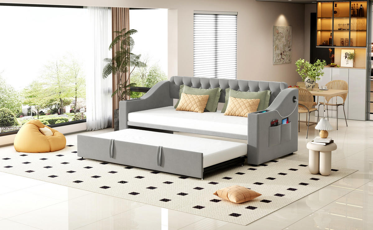 POLSTERBETT 90/180x190 cm USB Samt grau - Grau, Textil (180/190cm) - LEBENLANG