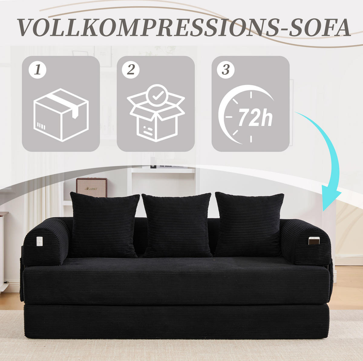 SOFA 200/94/67 cm aus Cord mit Metallrahmen und Seitentasche Schwarz - Schwarz, Textil (94/67/200cm) - Modenvie