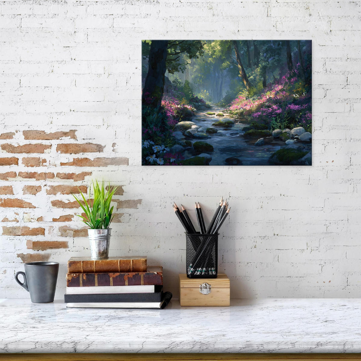 LEINWANDBILD Wald Fluss Grün 120x80 cm - Multicolor, Holzwerkstoff (120/80cm) - Wallarena