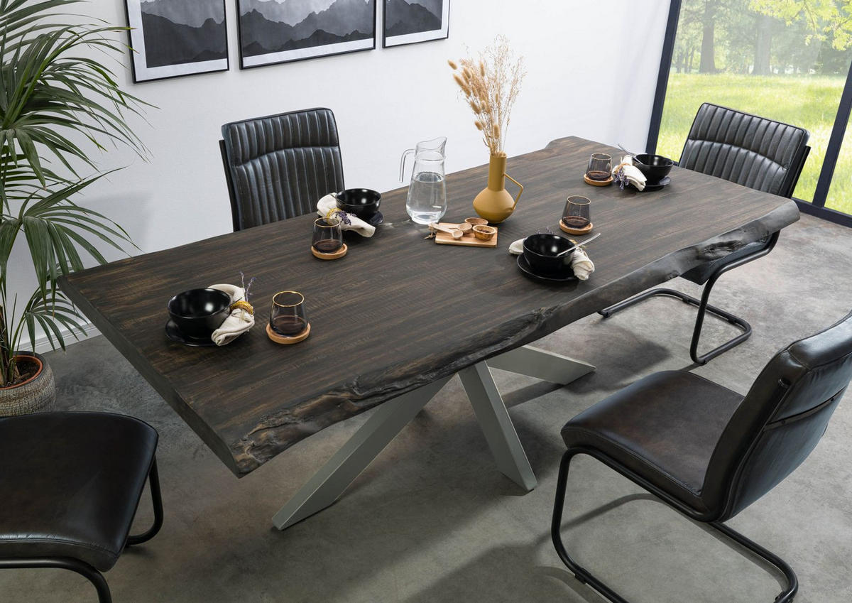 BAUMTISCH Mango 180x90x77 grau lackiert / Kreuzgestell silber matt FREEFORM 5 - Silberfarben/Grau, Holz (180/90/77cm) - Massivmoebel24