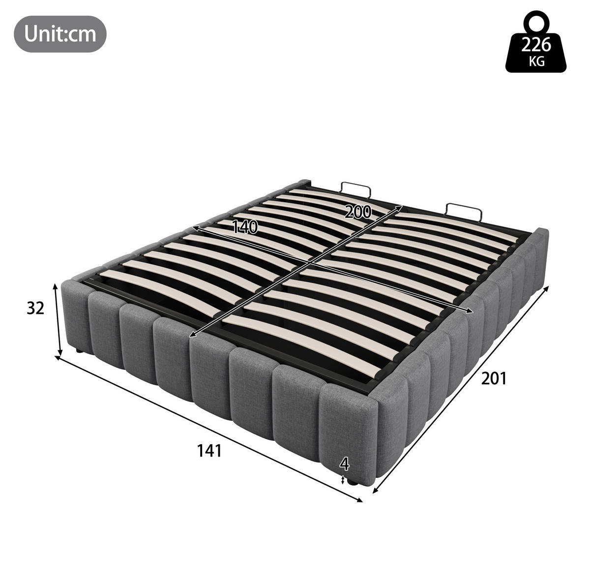 TAPECIRANI krevet 140/200 cm s hidrauličnim spremištem bez uzglavlja, Siva - siva, tekstil (140/200cm) - Redom