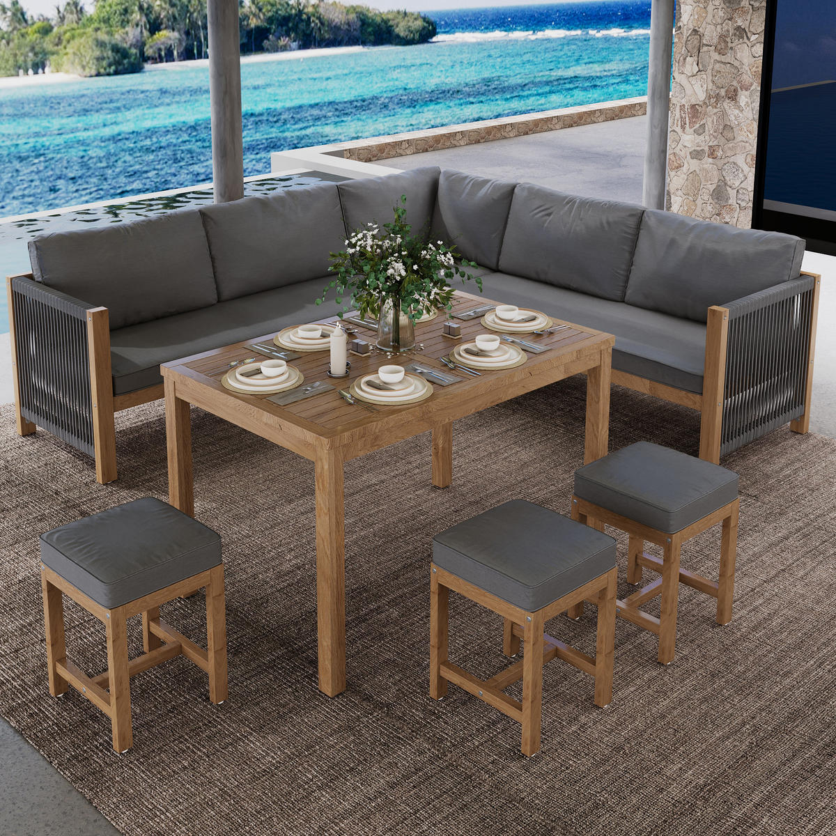 LOUNGESET 7-8 Personen Grau+Natur Mit Sofa Hocker Tisch - Naturfarben, Textil - FLIEKS