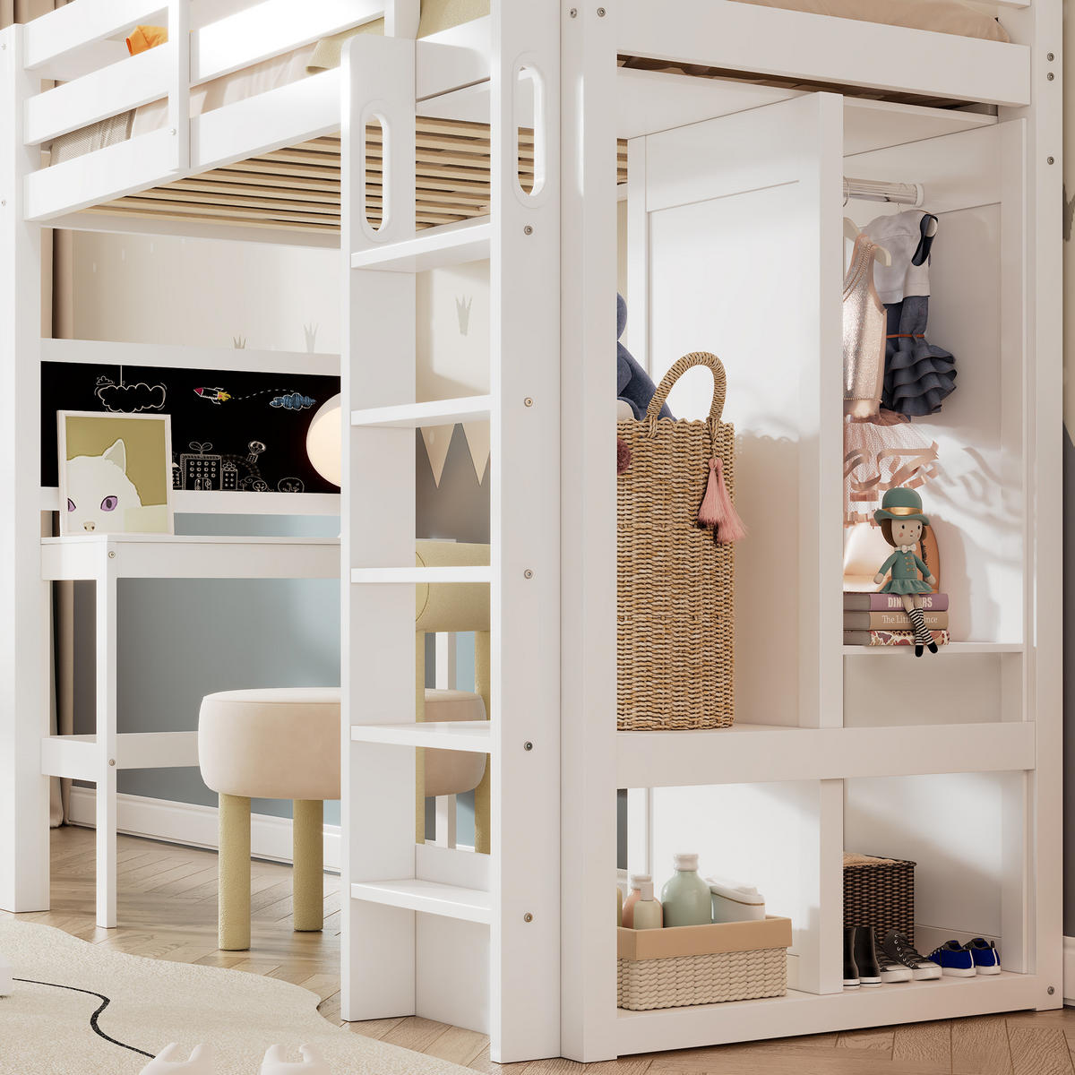 HOCHBETT 90/200 cm in Weiß Kinderbett mit Schreibtisch, Kleiderschrank, Regal und Kreidetafel - Weiß, Holzwerkstoff (90/200cm) - STILVORA