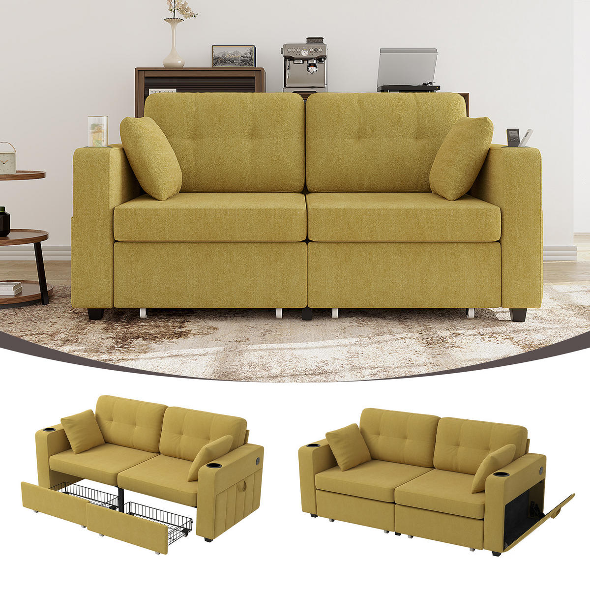2-SITZER-SOFA aus Chenille 172x75x82 cm mit USB & Stauraumschubladen, senfgelb - Gelb, Textil (75/82/172cm)