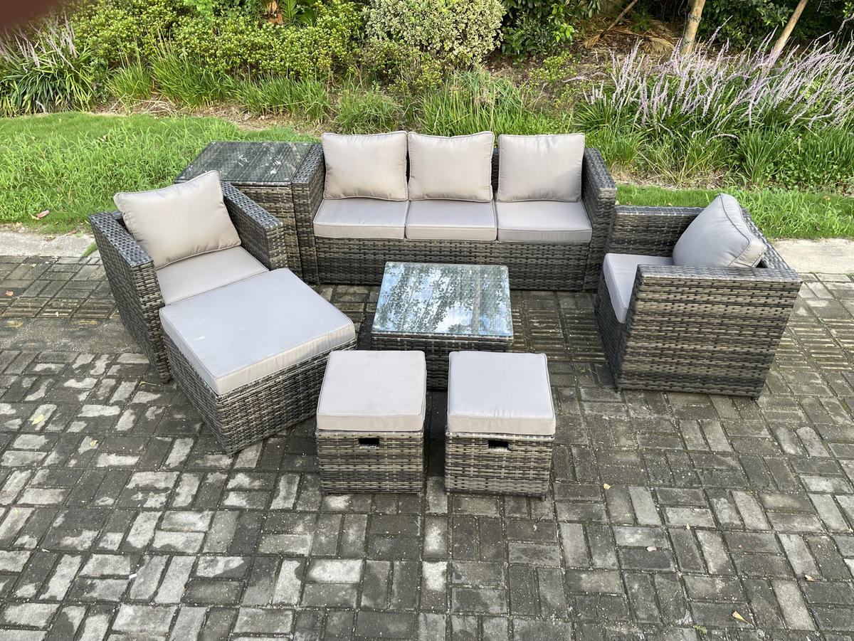 GARTENSET mit Beistelltisch Polyrattan 8-Sitzer - Dunkelgrau, Metall - Fimous