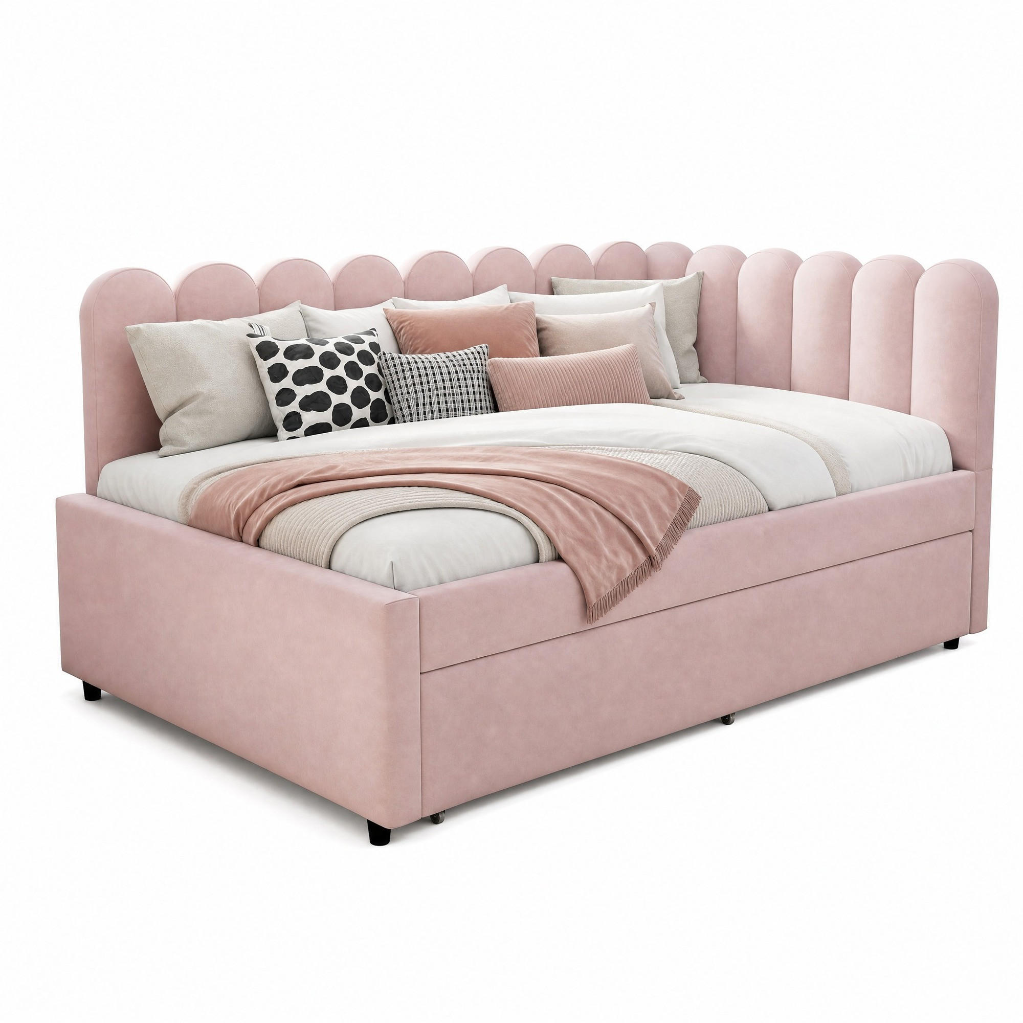 POLSTERBETT 140/200 mit Ausziehbett und L-förmiger, gepolsterter Blütenrückenlehne aus Samt in Rosa - Rosa, Holzwerkstoff/Textil (140/200cm) - EVRYAE