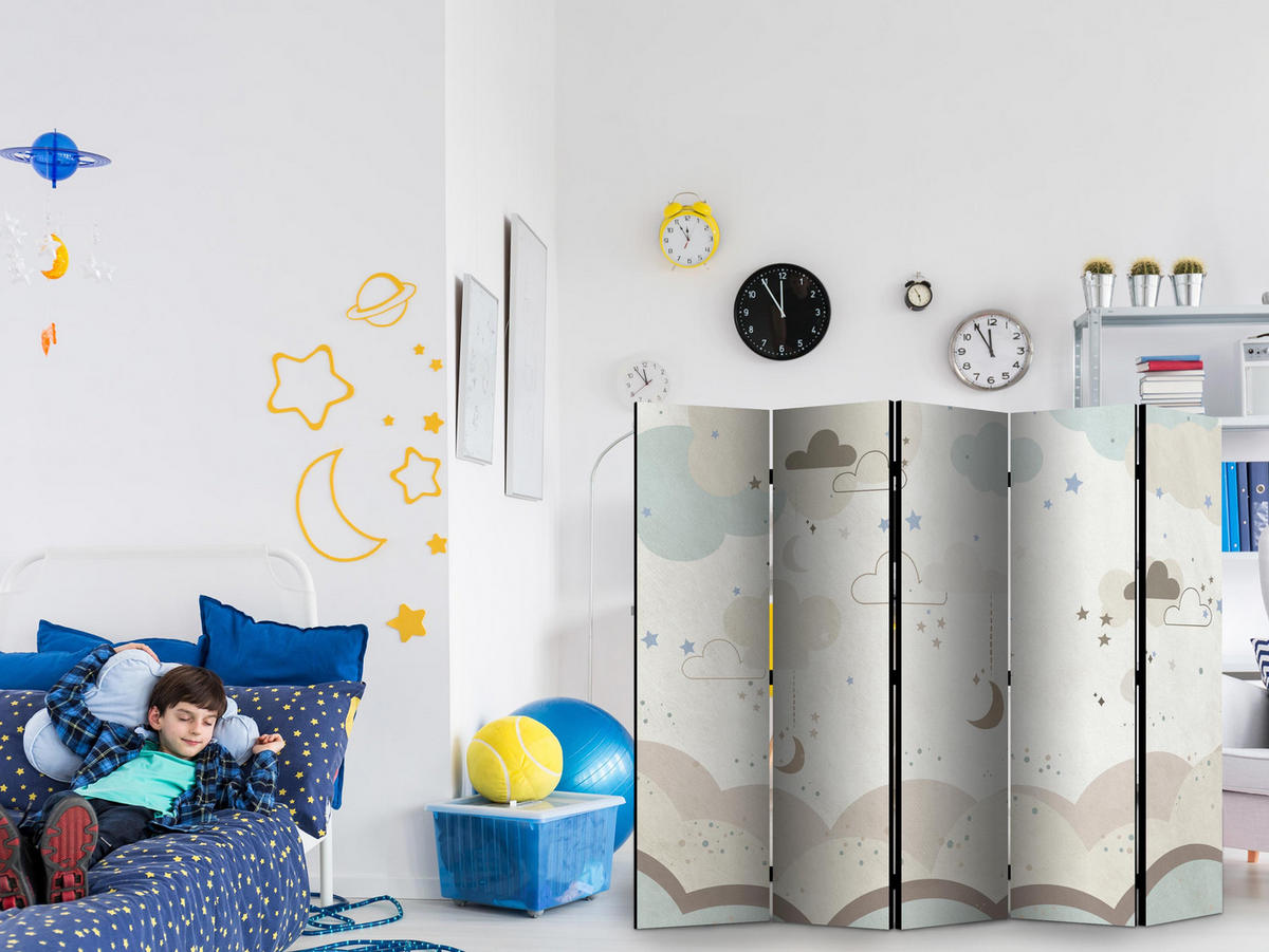 PARAVENT Einseitig Bedruckter 5-tlg 225x172 cm Wolken Sterne Kinder - Multicolor, Holz/Textil (225/172/3cm) - Muralo