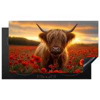 HERDABDECKPLATTE Schottische Highlander - Rosen - Blumenfeld - Sonnenuntergang Ceranfeldabdeckung 90x52 cm - Rotbraun, Kunststoff (90/52/0.2cm) - MuchoWow