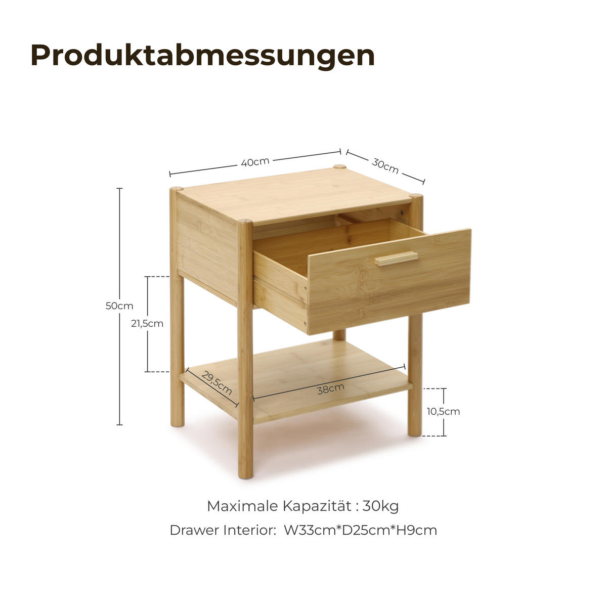 NACHTTISCH modern mit Schublade, Beistelltisch Bambus | B40 × T30 × H50 cm - Braun, Holzwerkstoff (40/50/30cm) - Hometopia