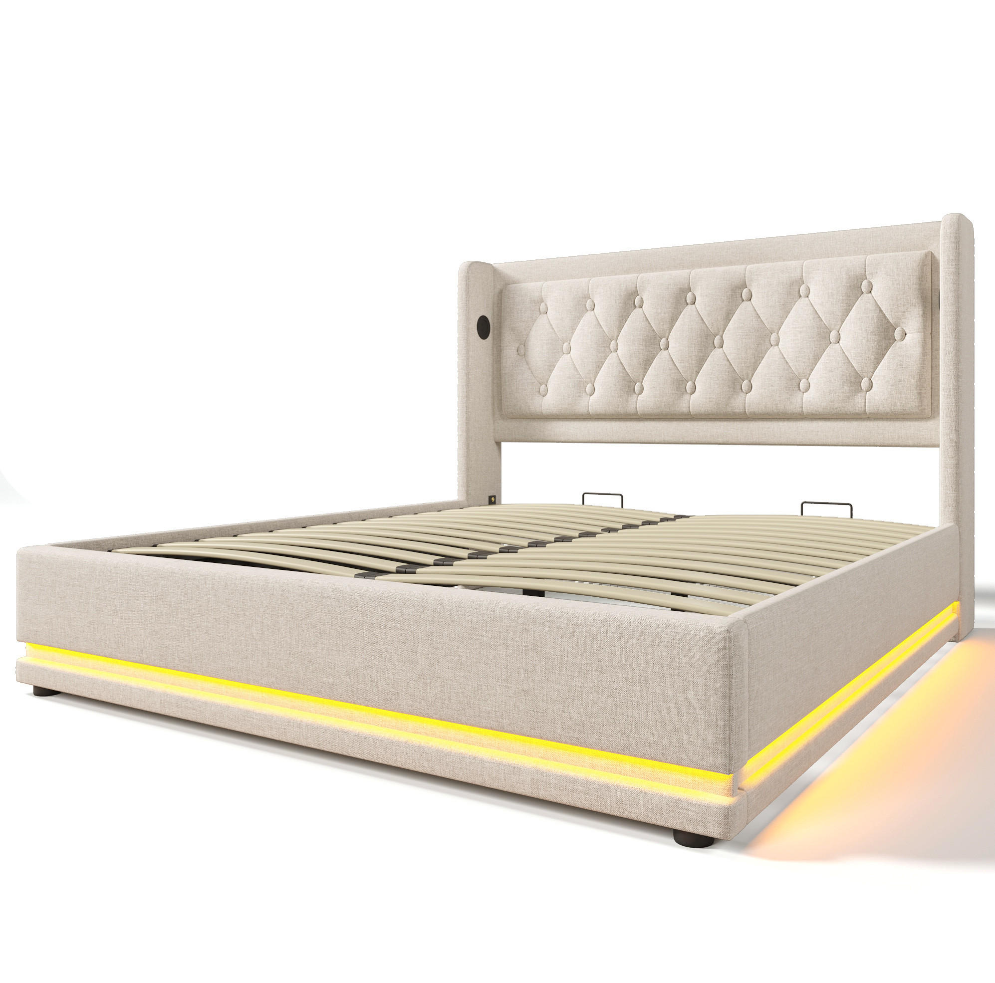 Modfu ČALOUNĚNÁ postel z bavlny 160x200 cm béžová s LED osvětlením, USB a USB-C, hydraulickým úložným prostorem