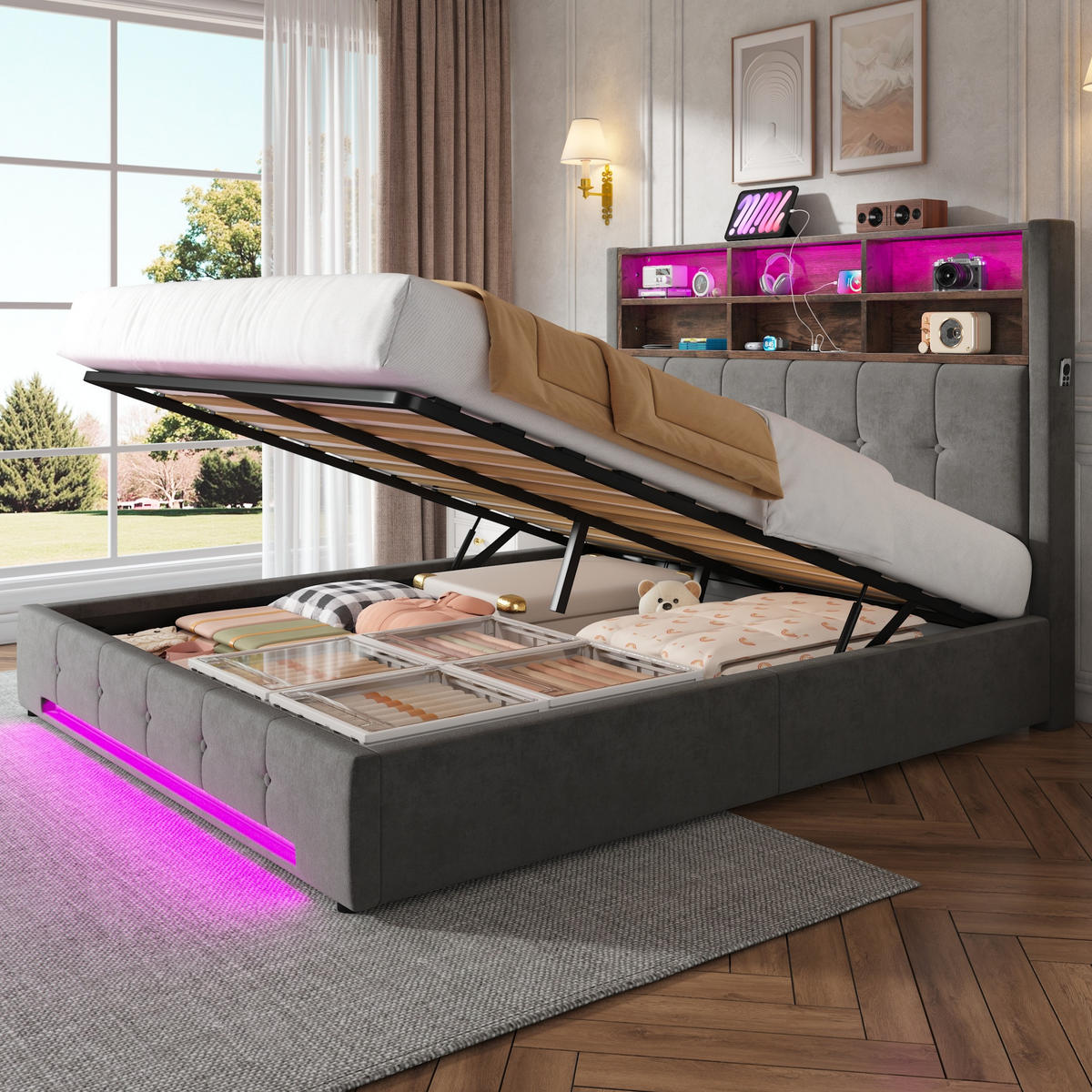 POLSTERBETT 160/200 cm in Dunkelgrau mit Stauraum, USB-C und LED aus Samt und Metall - Dunkelgrau, Holzwerkstoff/Textil - STILVORA