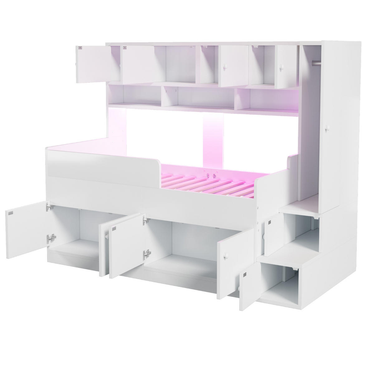 KINDERBETT 90/200 cm weiß aus Holz mit Stauraum, Schrank und LED - Weiß, Holzwerkstoff (90/200cm) - OKWISH