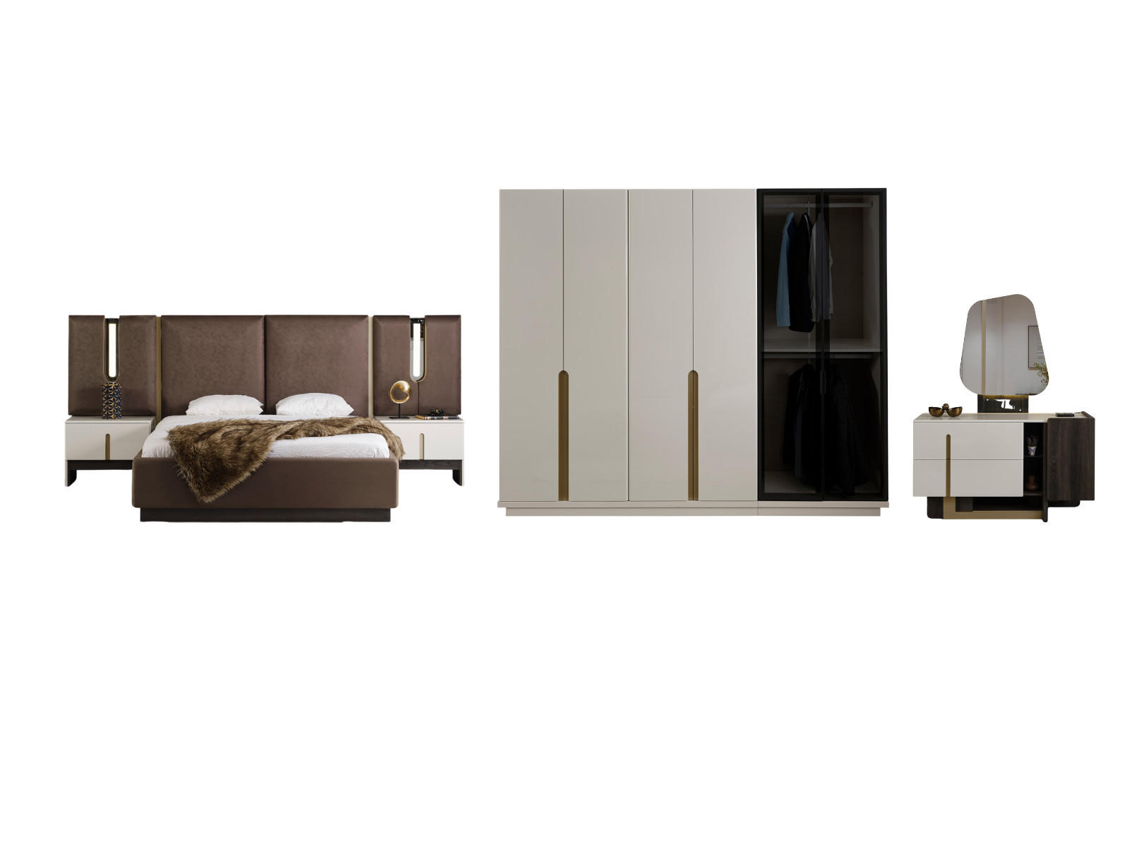 BETTANLAGE Pedro Brown Typ-1 Bett mit Kopfteil, 2 Nachttische, Kleiderschrank und Kommode - Braun, Holzwerkstoff (160/200cm)