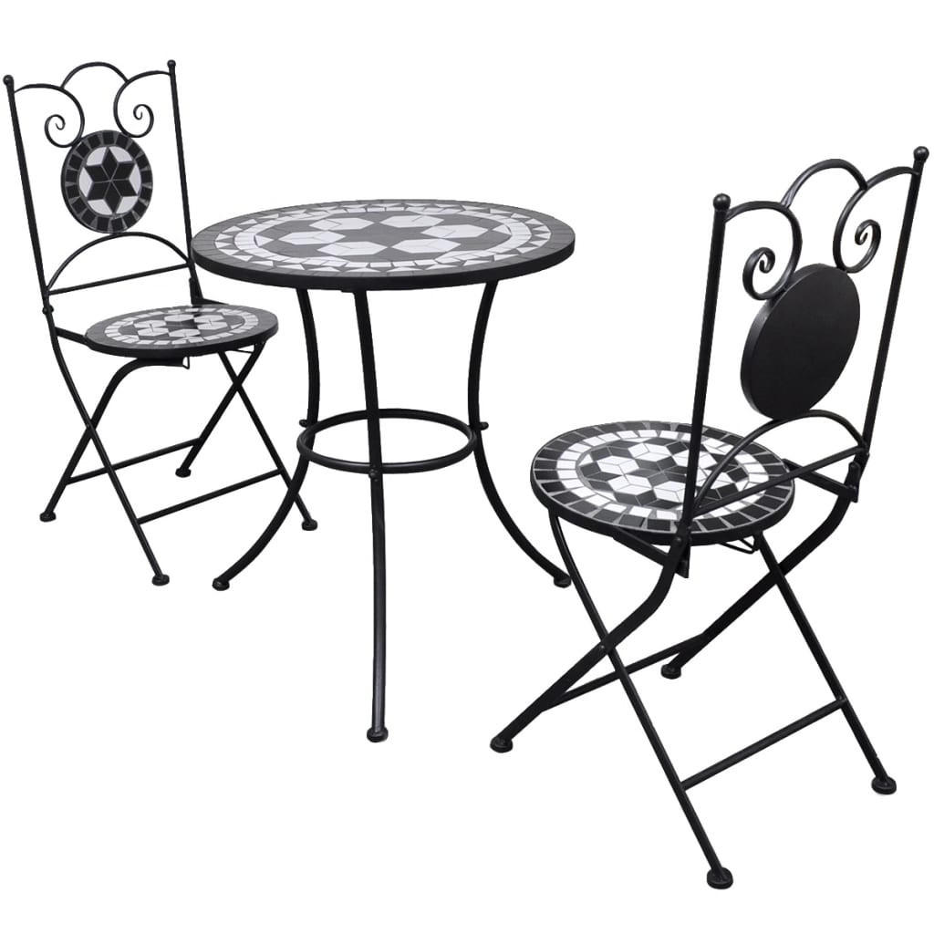 BISTROSET mit 2 Klappstühle, aus Keramik, in Schwarz und Weiß, 3-teiliges Set - Schwarz, Metall - vidaXL