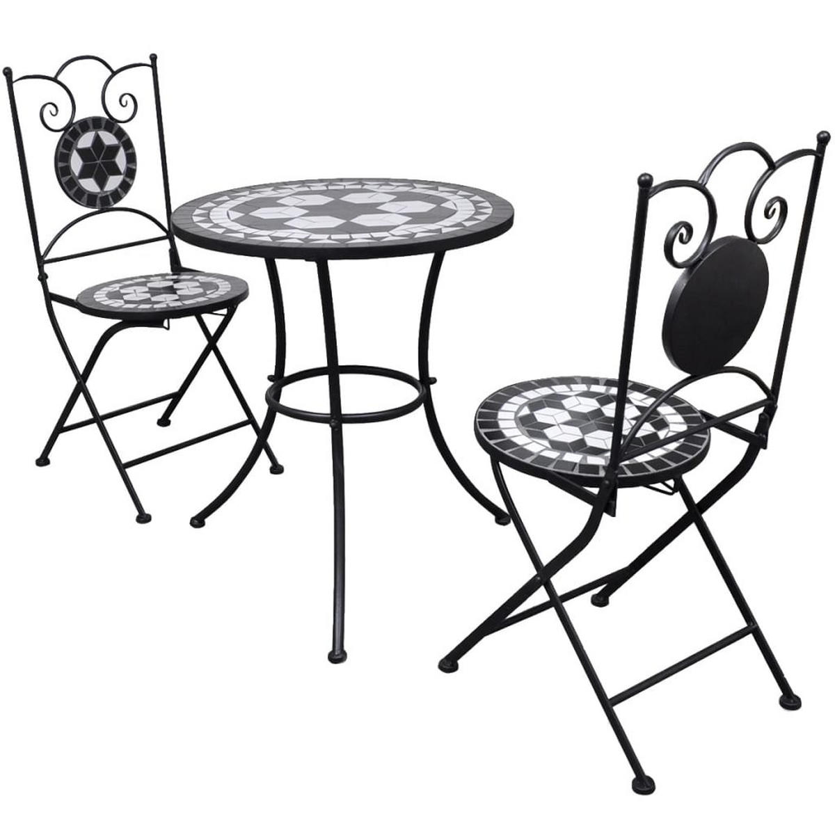BISTROSET mit 2 Klappstühle, aus Keramik, in Schwarz und Weiß, 3-teiliges Set - Schwarz, Metall - vidaXL