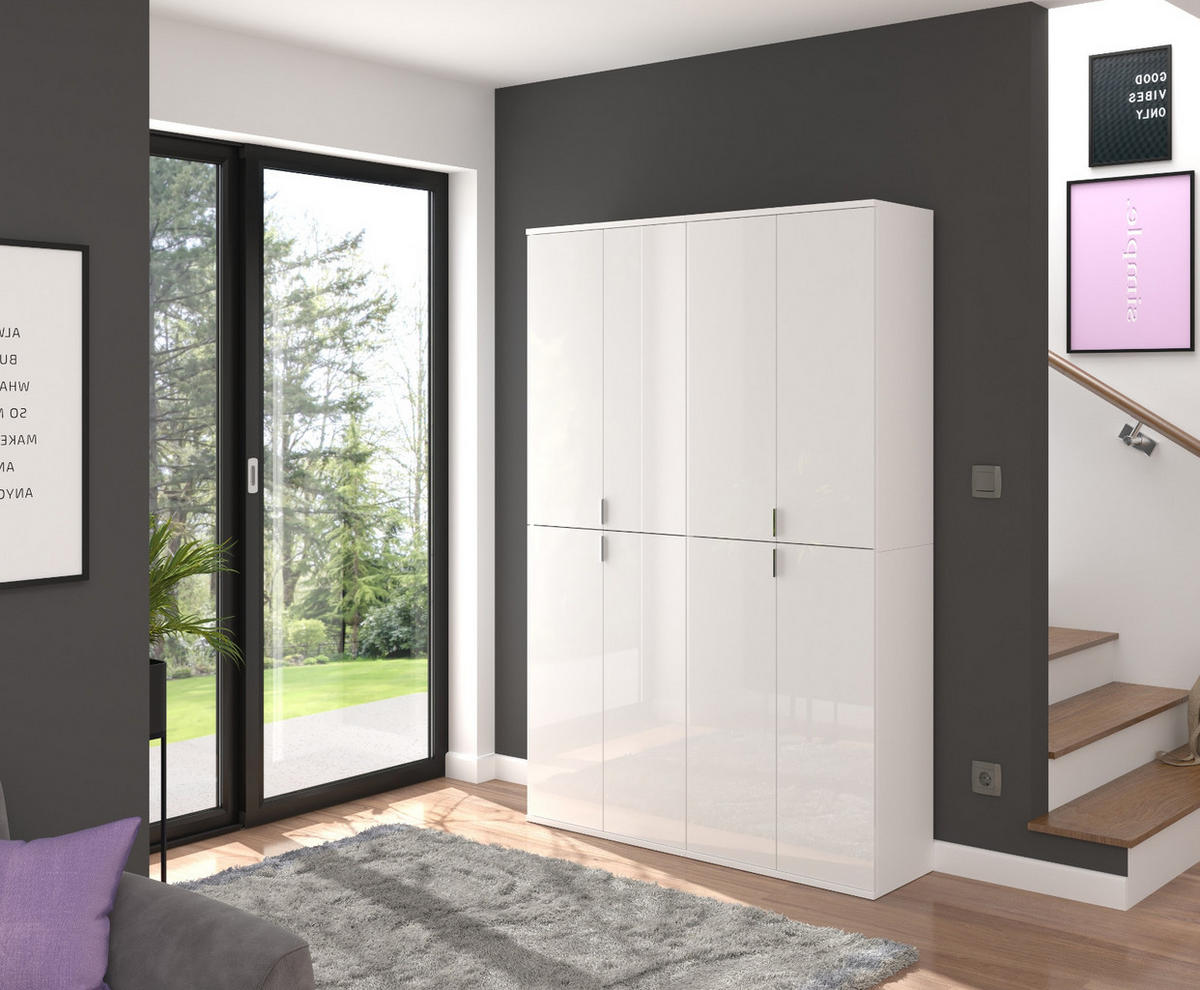 SCHUHSCHRANK weiß Hochglanz 122 cm, Garderobe mit 18 Fächern, Garderobenmöbel - Weiß Hochglanz/Silberfarben, Holzwerkstoff/Kunststoff (122/193/34cm) - Inn.Furn