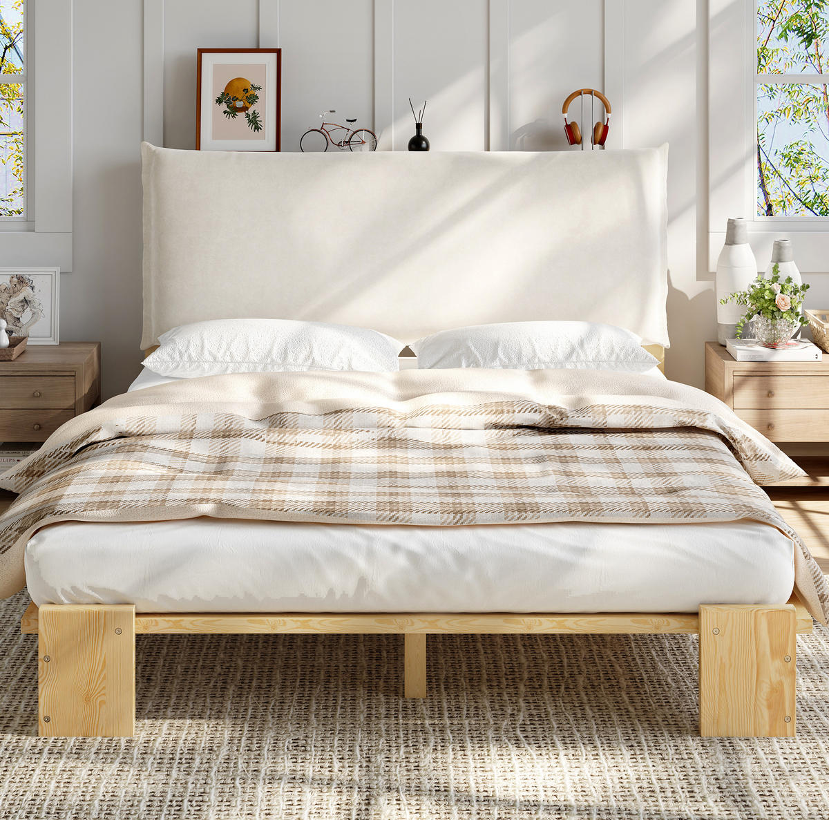ČALÚNENÁ posteľ z dreva a látky 140x200 cm prírodná s polstrovaným čelom, pevnými lamelovými roštami a stabilnou konštrukciou - prírodná farba, textil (140/200cm) - Modfu