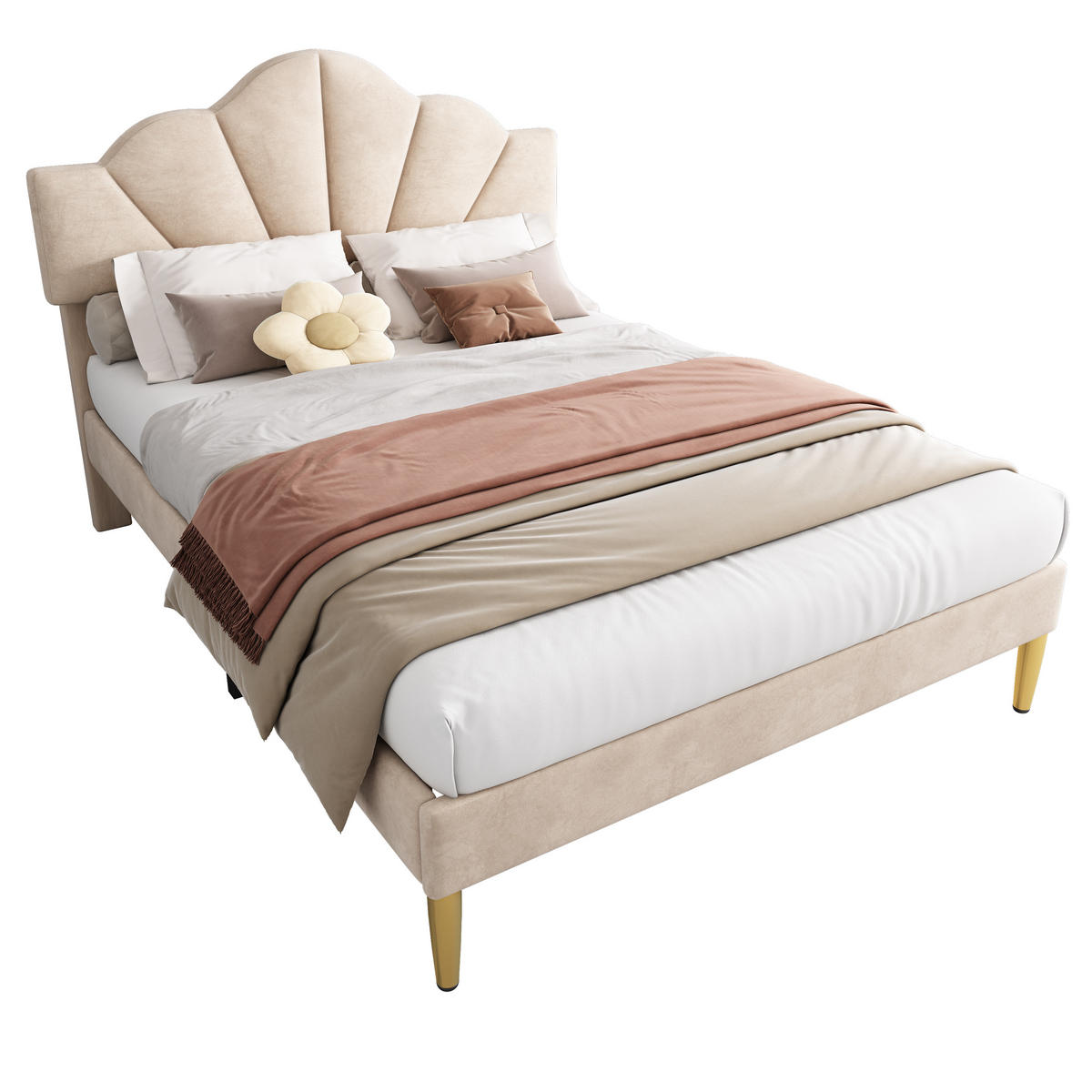 POLSTERBETT 140/200 cm beige aus Samt mit höhenverstellbarem Kopfteil - Beige, Textil (140/200cm) - OKWISH