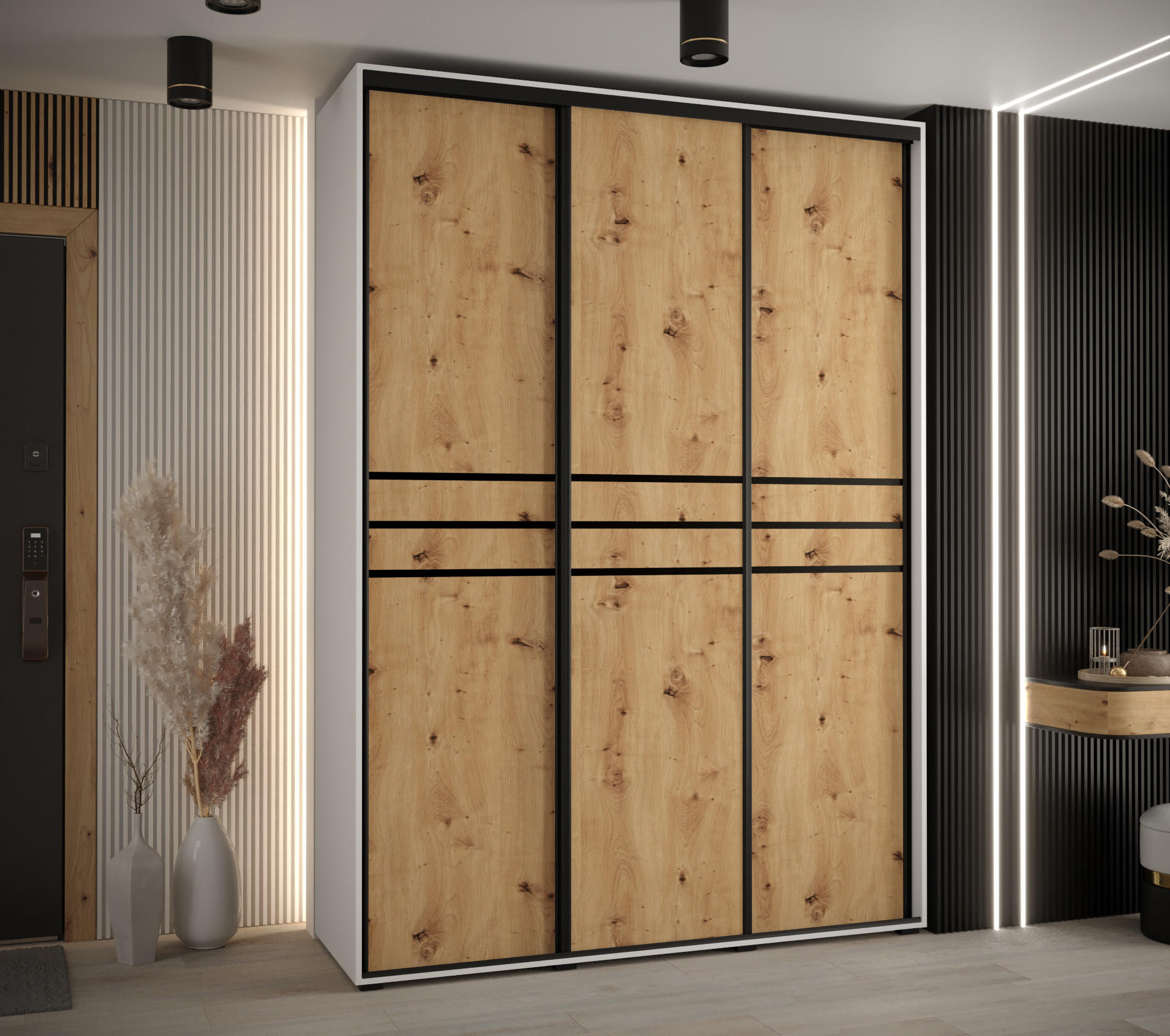 SCHWEBETÜRENSCHRANK 235,2/180/60 3-türig - Schwarz/Eiche Artisan, Holz/Metall (180/235/60cm) - Abiks Möbel