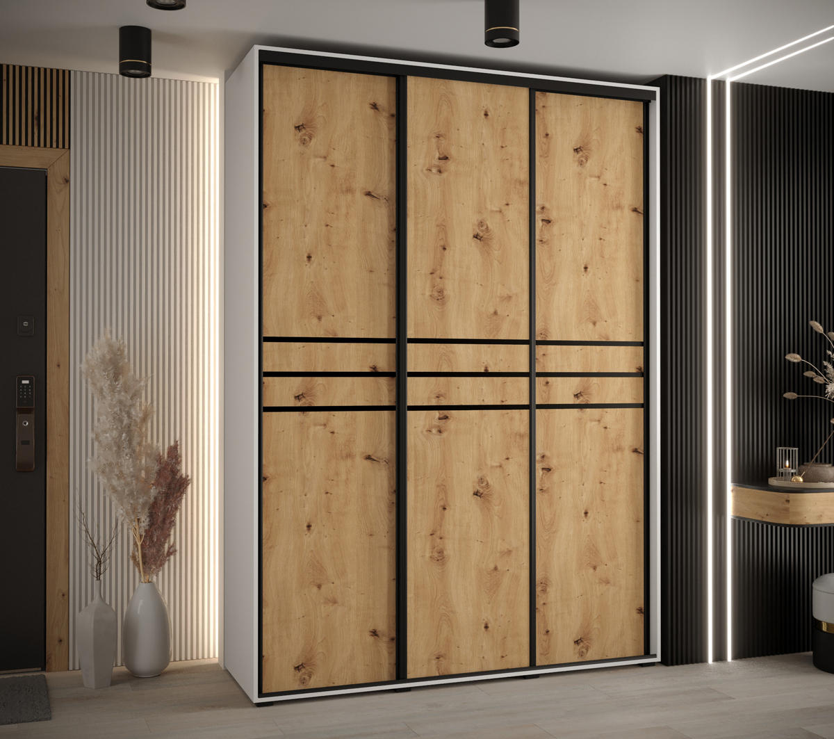 SCHWEBETÜRENSCHRANK 235,2/180/60 3-türig - Schwarz/Eiche Artisan, Holz/Metall (180/235/60cm) - Abiks Möbel
