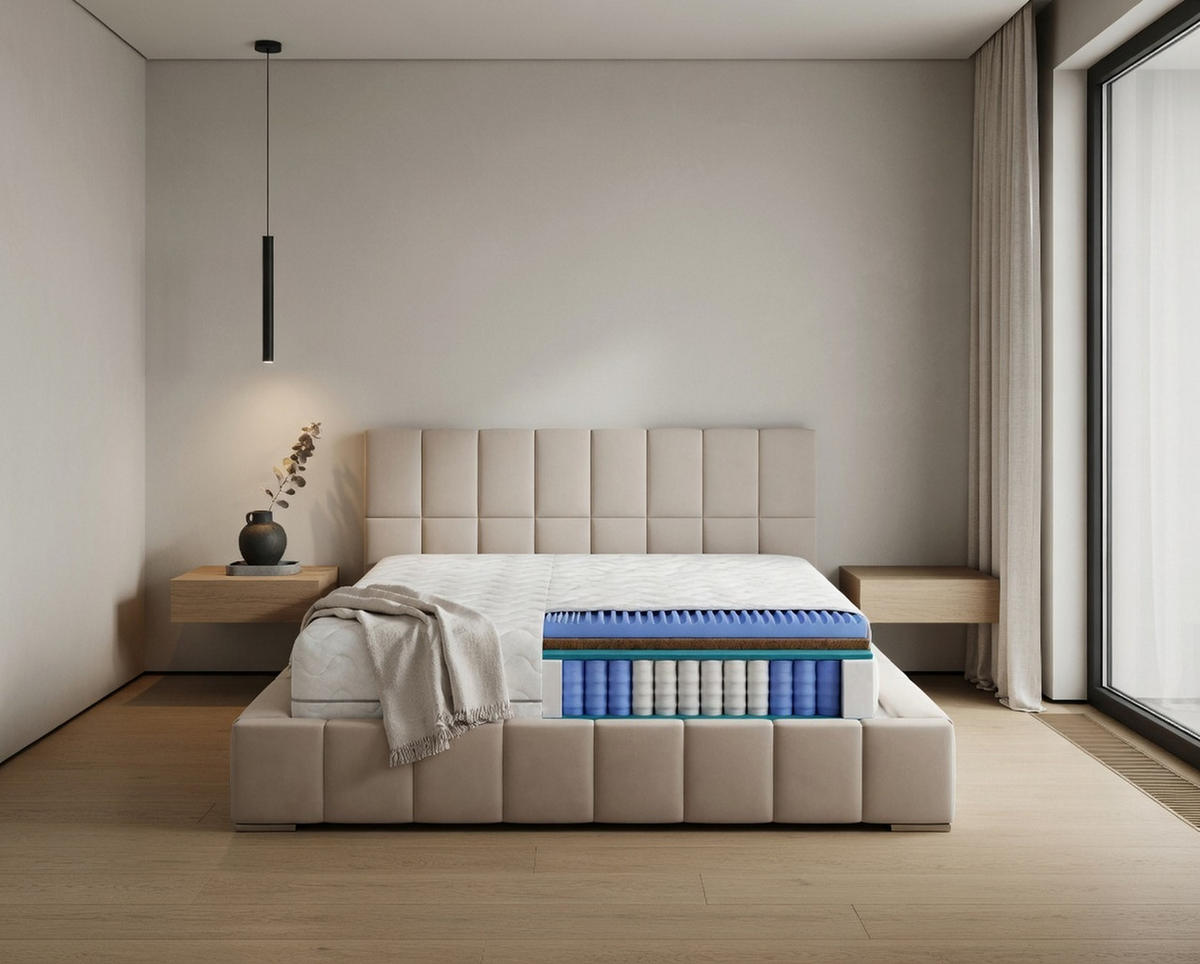 TASCHENFEDERKERNMATRATZE Premium-Kokos 200x200x21 cm, 7 Zonen, Härtegrad H3/H4, Farbe: Weiß, inkl. Bezug - Weiß, Textil (200/200cm) - Marpur