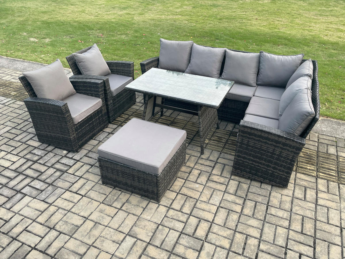 LOUNGEMÖBEL-SETS mit Esstisch Sofa Polyrattan Dunkelgrau 9-Sitzer - Dunkelgrau/Grau, Glas/Kunststoff - Fimous