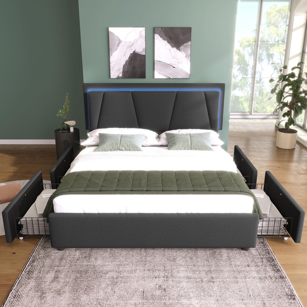 POLSTERBETT 140/200 cm Grau mit LED-Beleuchtung und 4 Schubladen, höhenverstellbarem Kopfteil - Grau, Holz (140/200cm) - OKWISH