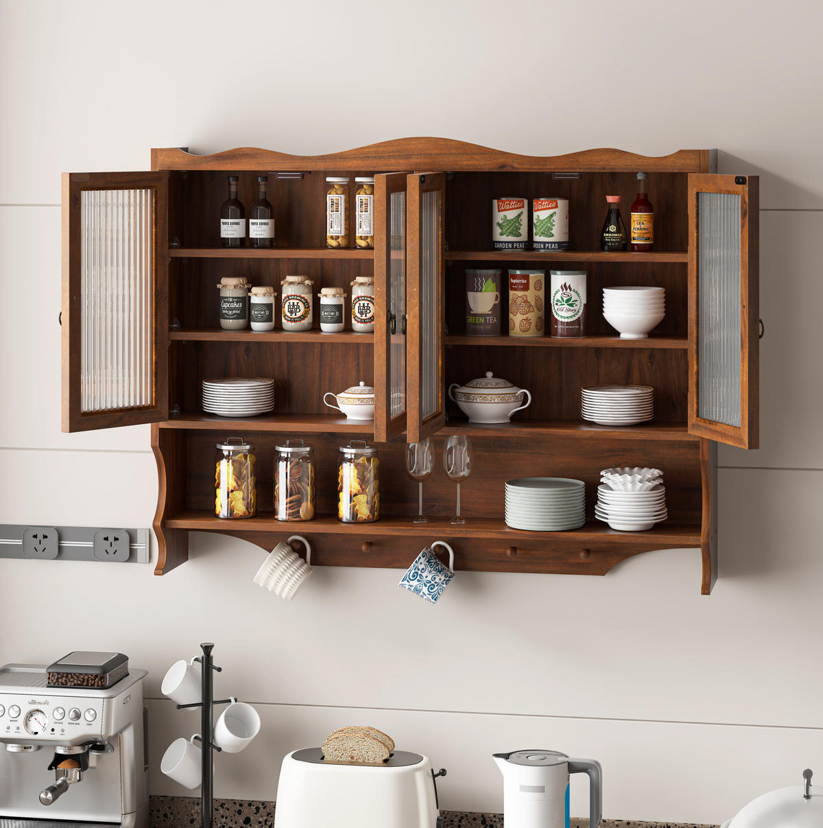 KÜCHENOBERSCHRANK 100/20/80 cm in Braun mit 4 Türen, Glasfront und herausnehmbaren Böden - Braun, Holz (100/80/20cm) - BEAOK
